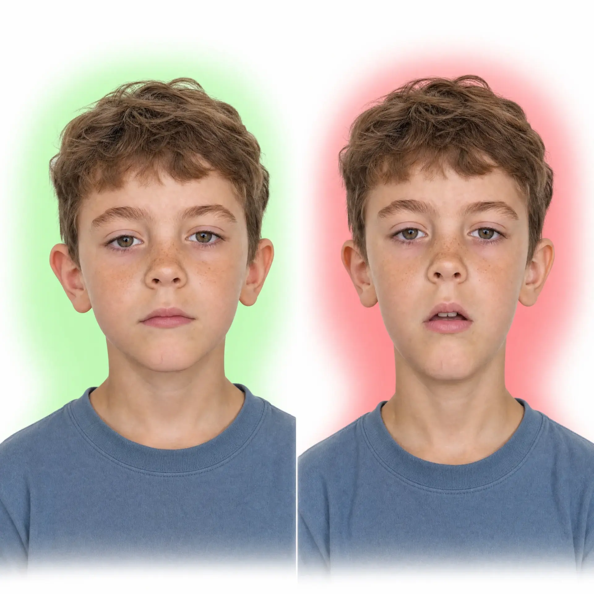 Vergelijking van het gezicht van een kind dat door de neus en door de mond ademt