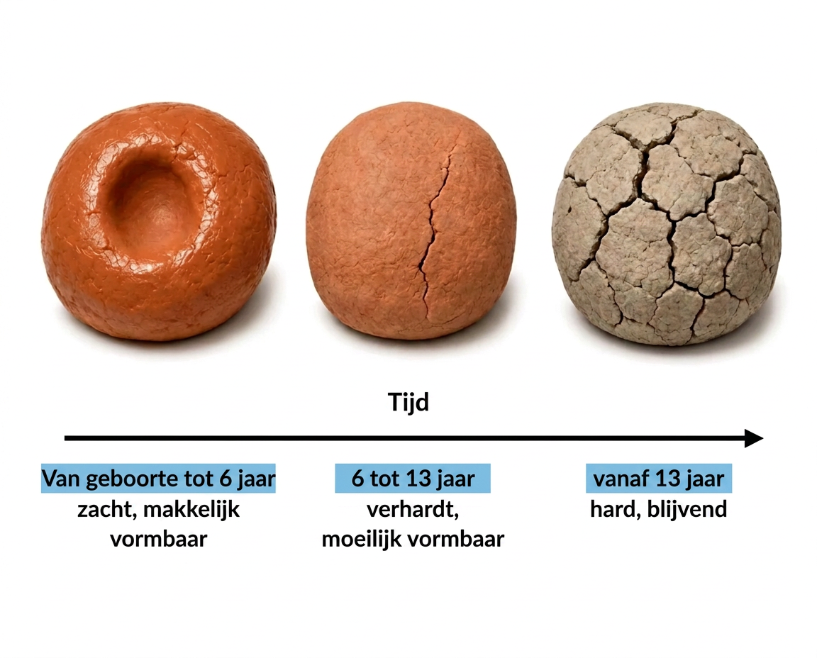 De gezichtsbeenderen van een kind vergeleken met klei die na verloop van tijd uithardt